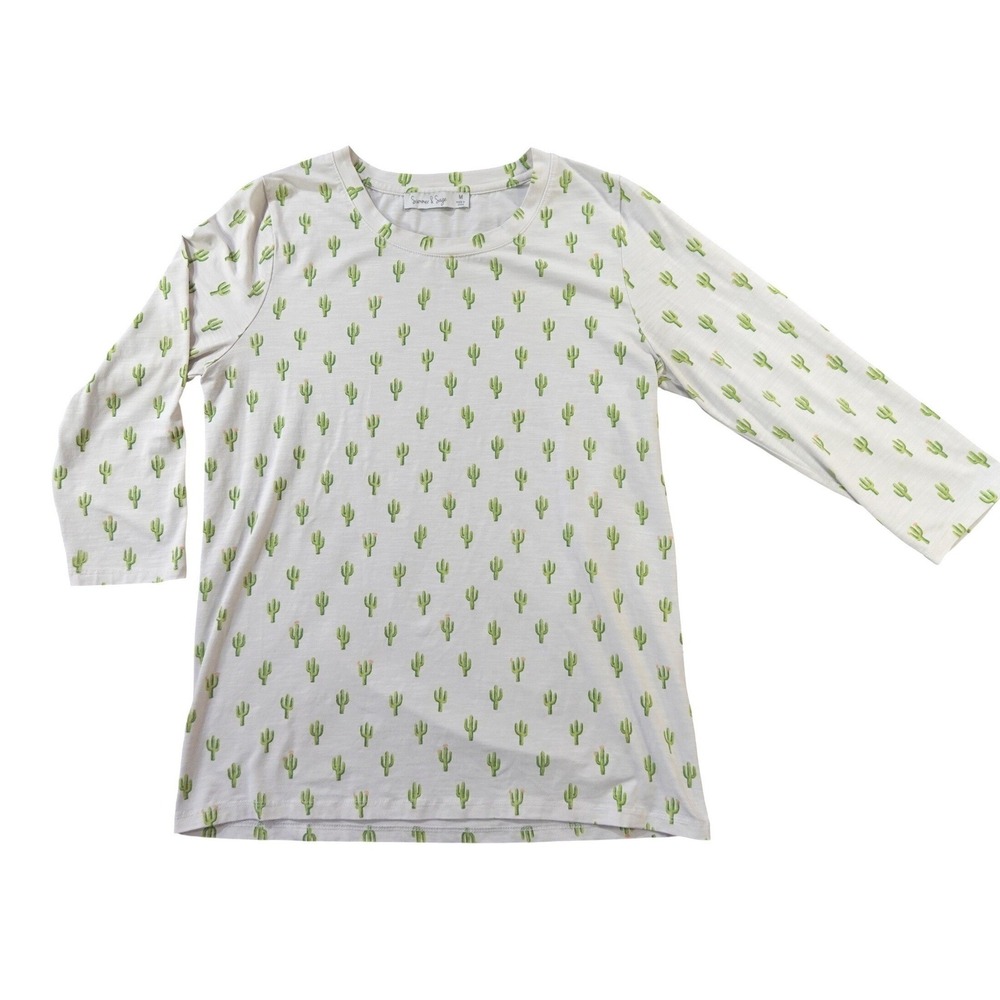 Summer & Sage Cactus Print Long Sleeve Top White Green Tencel Blend Medium